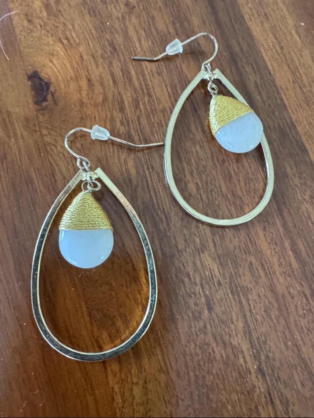 Gold Teardrop Earrings with White Stone Drop - Unbranded